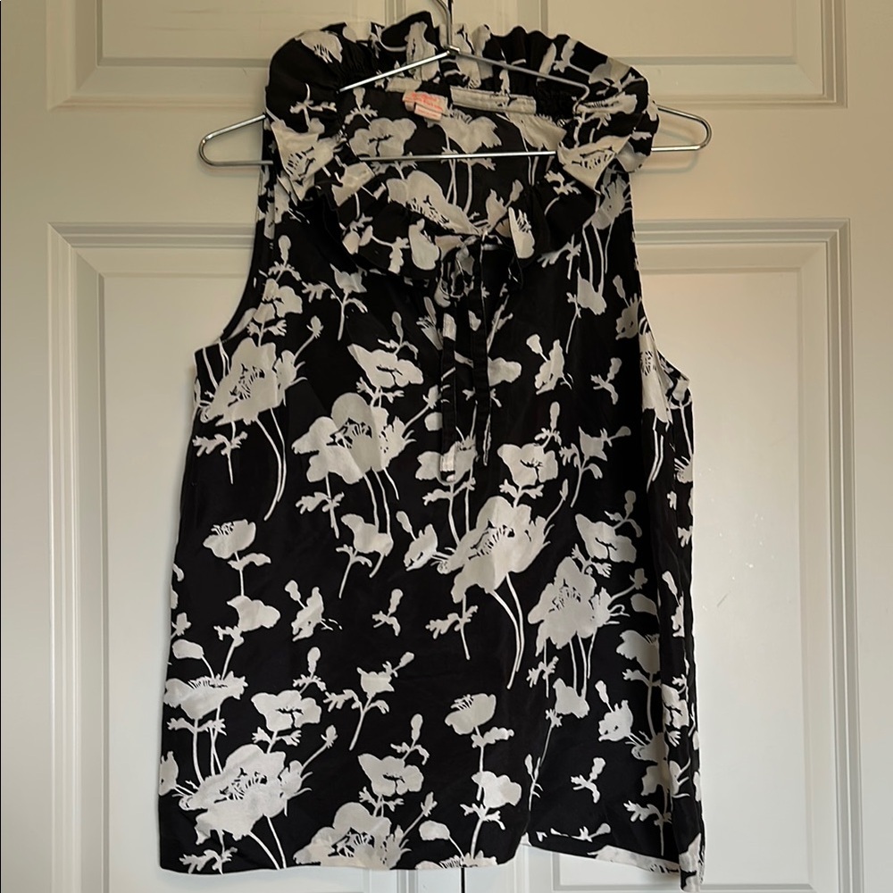 Kate Spade silk top Florence Broadhurst black and white sleeveless ruffle neck